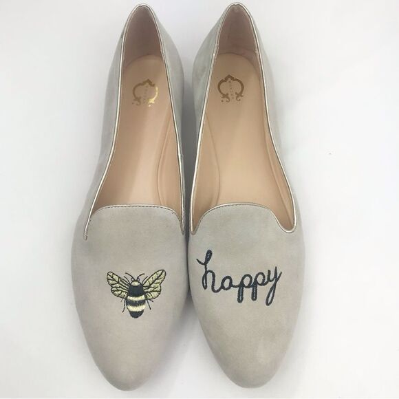 C Wonder Creamy Taupe Suede Leather Be Happy Embroidered Ballet Slipper Flats - Picture 4 of 16